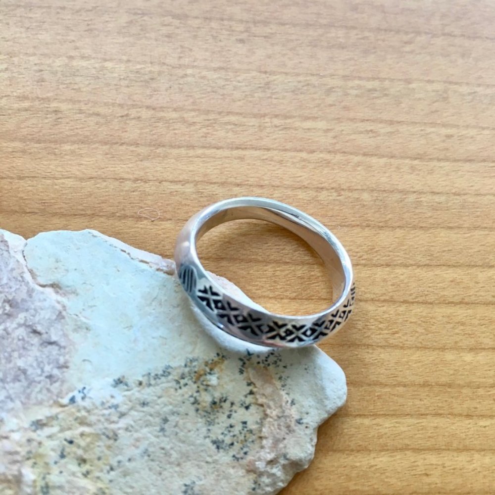 Faceted Etched Sterling Silver Ring, A